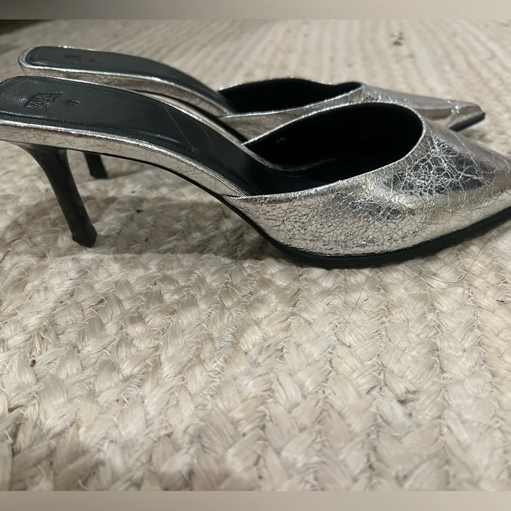 Zara Metallic Silver Pointed-Toe Women’s Kitten Heels - Picture 5 of 5